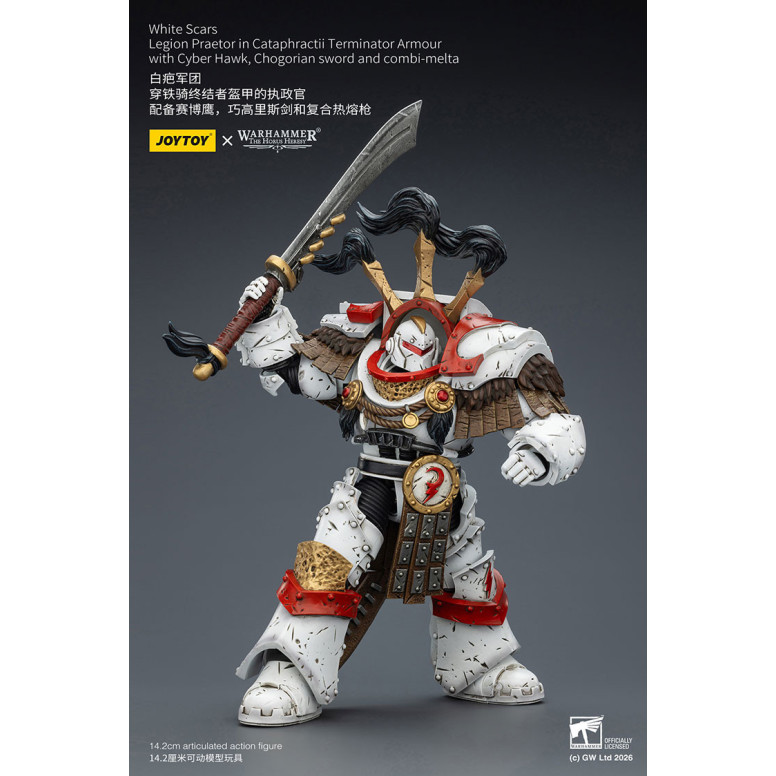 JoyToy - White Scars - Legion Praetor in Cataphractii Terminator Armour with Cyber Hawk, Chogorian sword and combi-melta 1/18