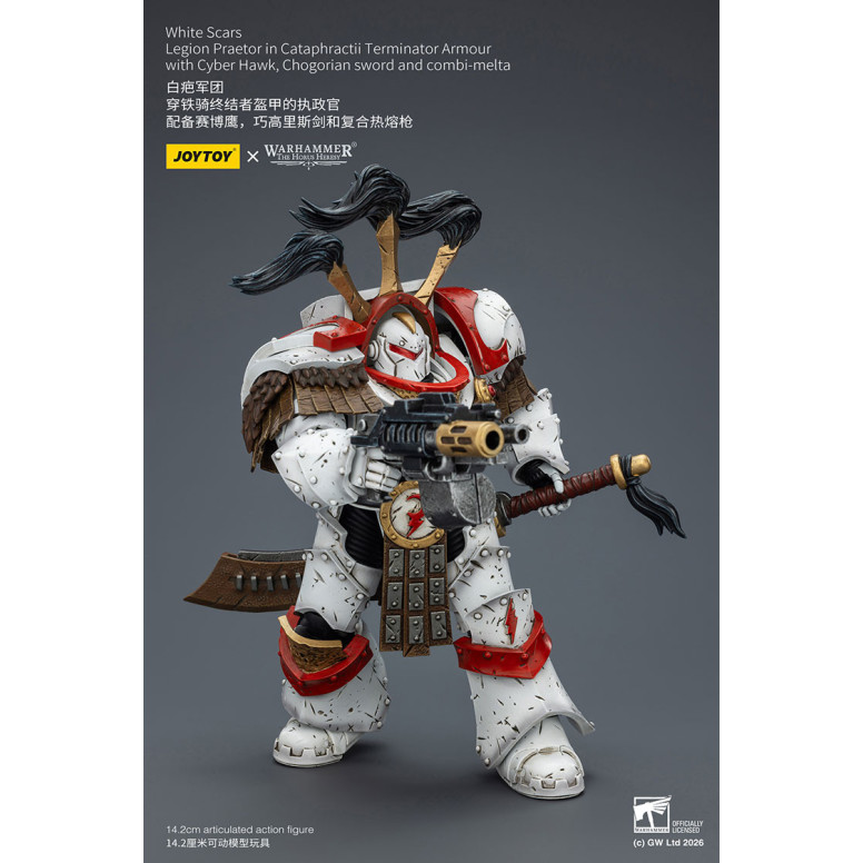 JoyToy - White Scars - Legion Praetor in Cataphractii Terminator Armour with Cyber Hawk, Chogorian sword and combi-melta 1/18