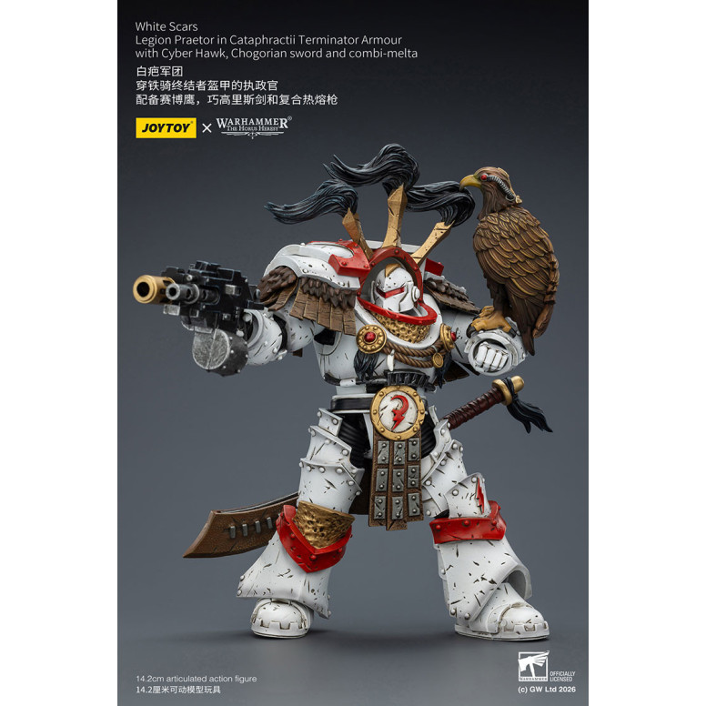 JoyToy - White Scars - Legion Praetor in Cataphractii Terminator Armour with Cyber Hawk, Chogorian sword and combi-melta 1/18