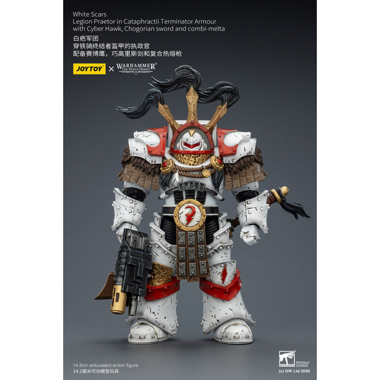 JoyToy - White Scars - Legion Praetor in Cataphractii Terminator Armour with Cyber Hawk, Chogorian sword and combi-melta 1/18