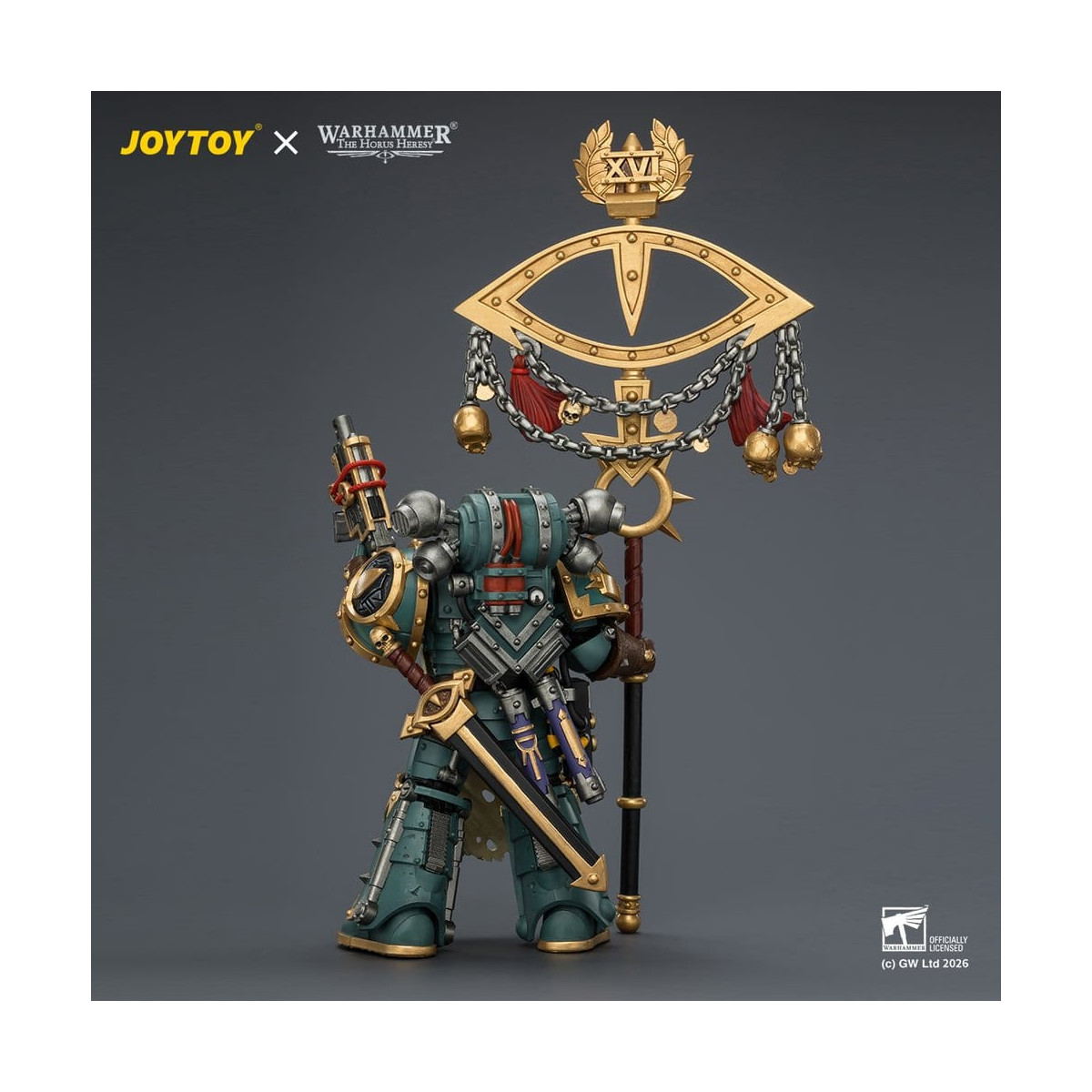 JoyToy - Sons of Horus - Maloghurst the Twisted, the Warmaster's Equerry with Legion Standard and Banestrike Bolter 1/18