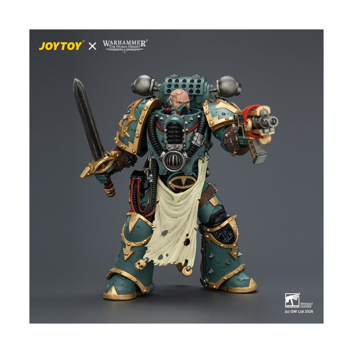 JoyToy - Sons of Horus - Maloghurst the Twisted, the Warmaster's Equerry with Legion Standard and Banestrike Bolter 1/18